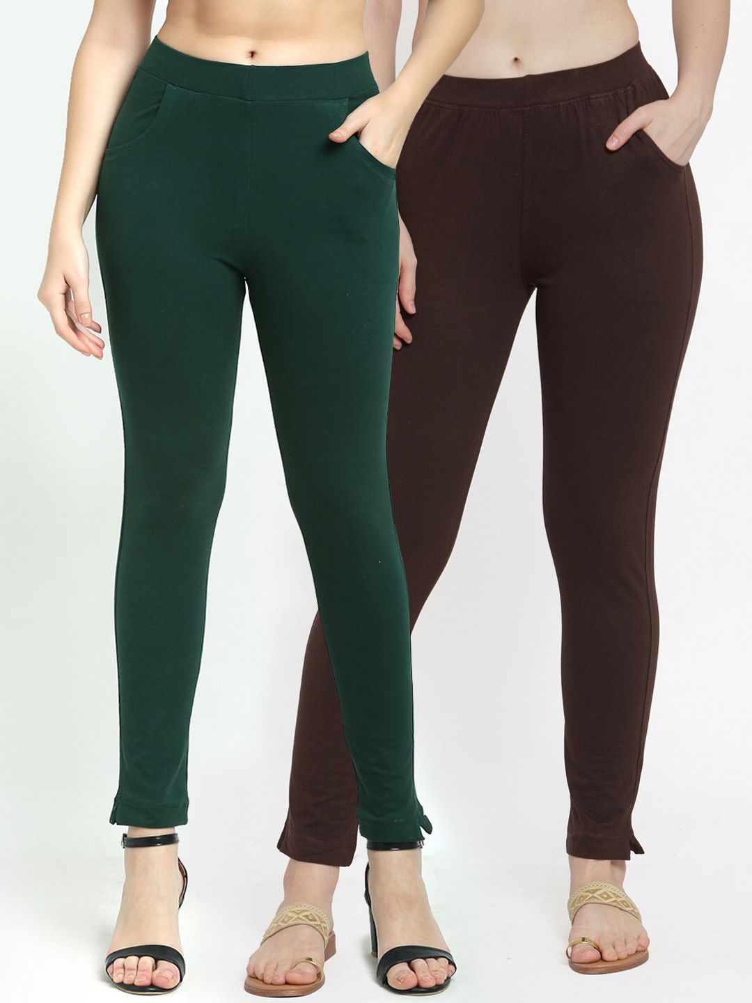 TAG 7 Women Set of 2 Green & Brown Solid Ankle-Length Leggings Price in India