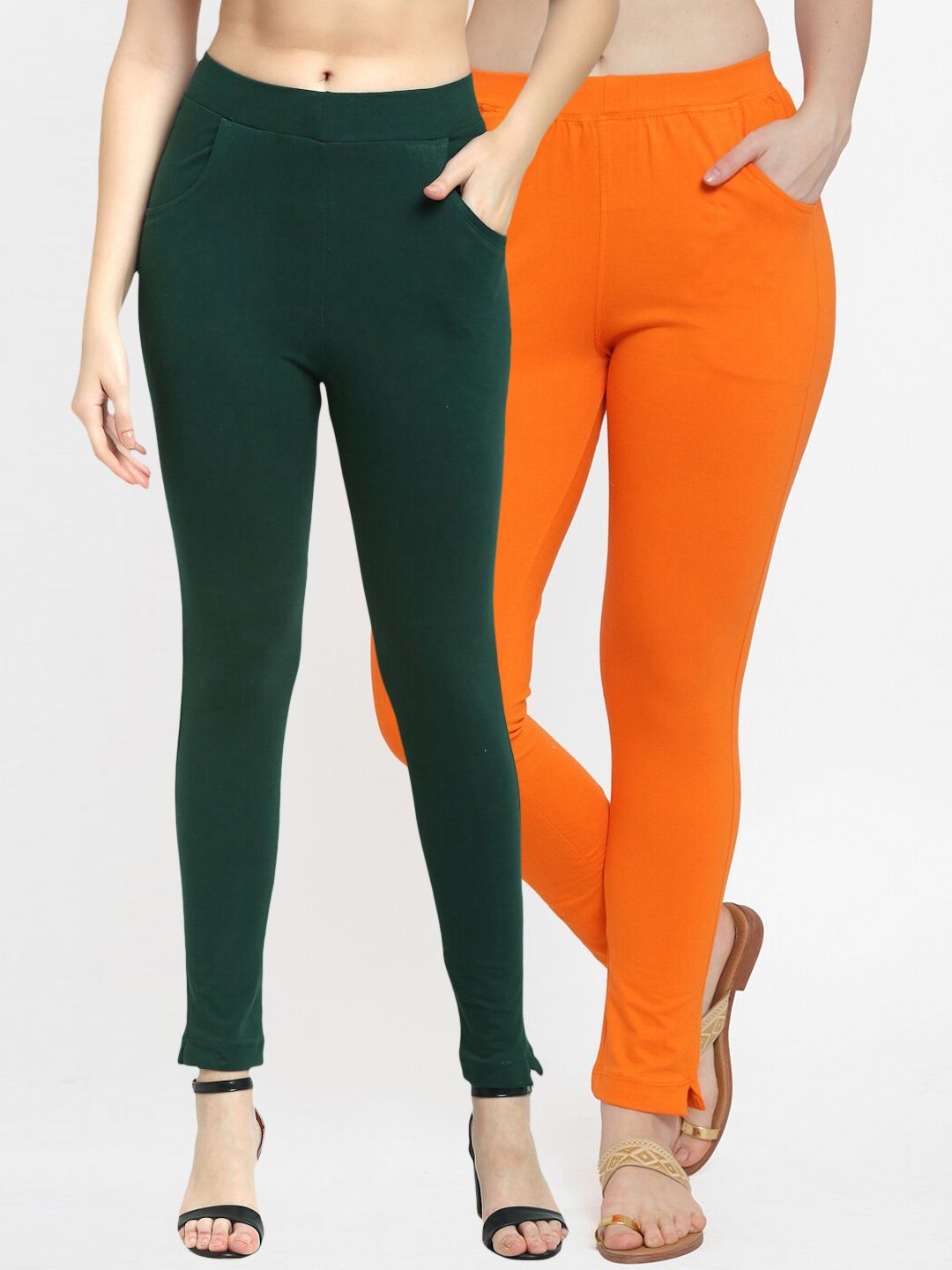 TAG 7 Women Set of 2 Green & Orange Solid Ankle-Length Leggings Price in India