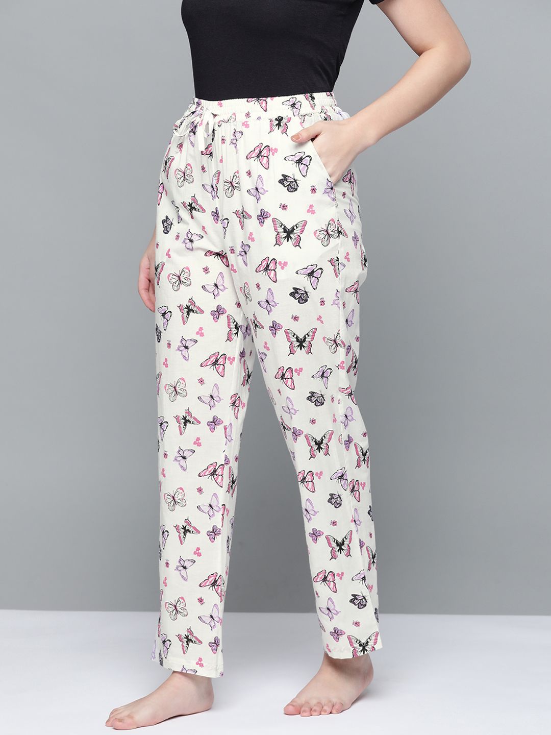 HERE&NOW Women White & Pink Butterfly Print Cotton Lounge Pants Price in India