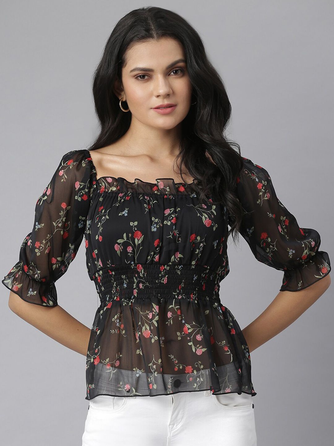 KASSUALLY Black & Red Floral Georgette Cinched Waist Top Price in India