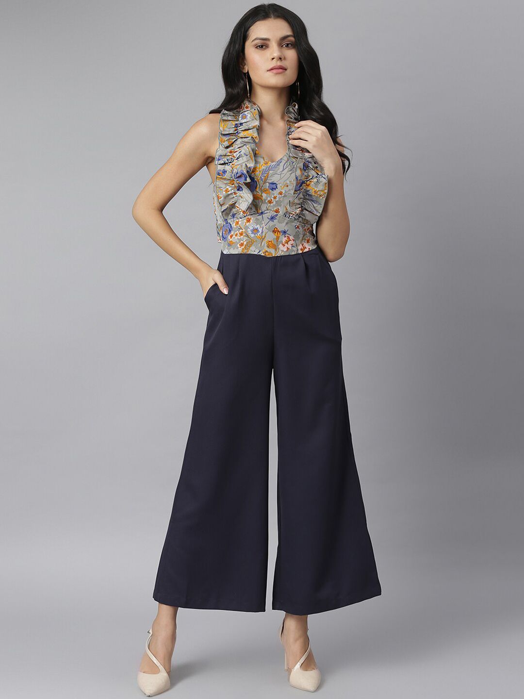 KASSUALLY Grey & Navy Blue Floral Printed Culotte Jumpsuit with Ruffles Price in India
