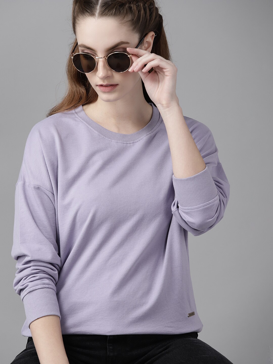 Roadster Women Lavender Drop-Shoulder Sleeves Solid Sweatshirt Price in India