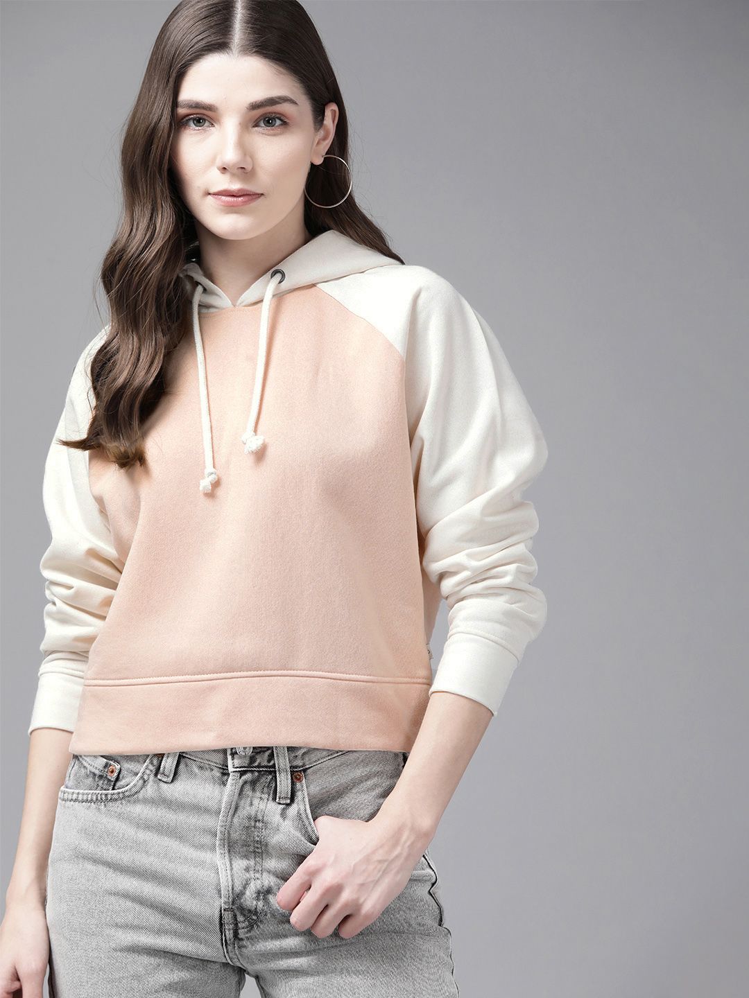 Roadster Women Pink & Cream-Coloured Hooded Sweatshirt Price in India