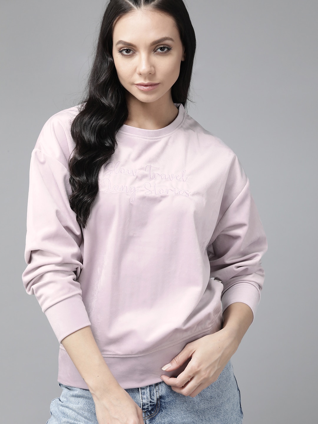 Roadster Women Lavender Velour Embroidered Sweatshirt Price in India
