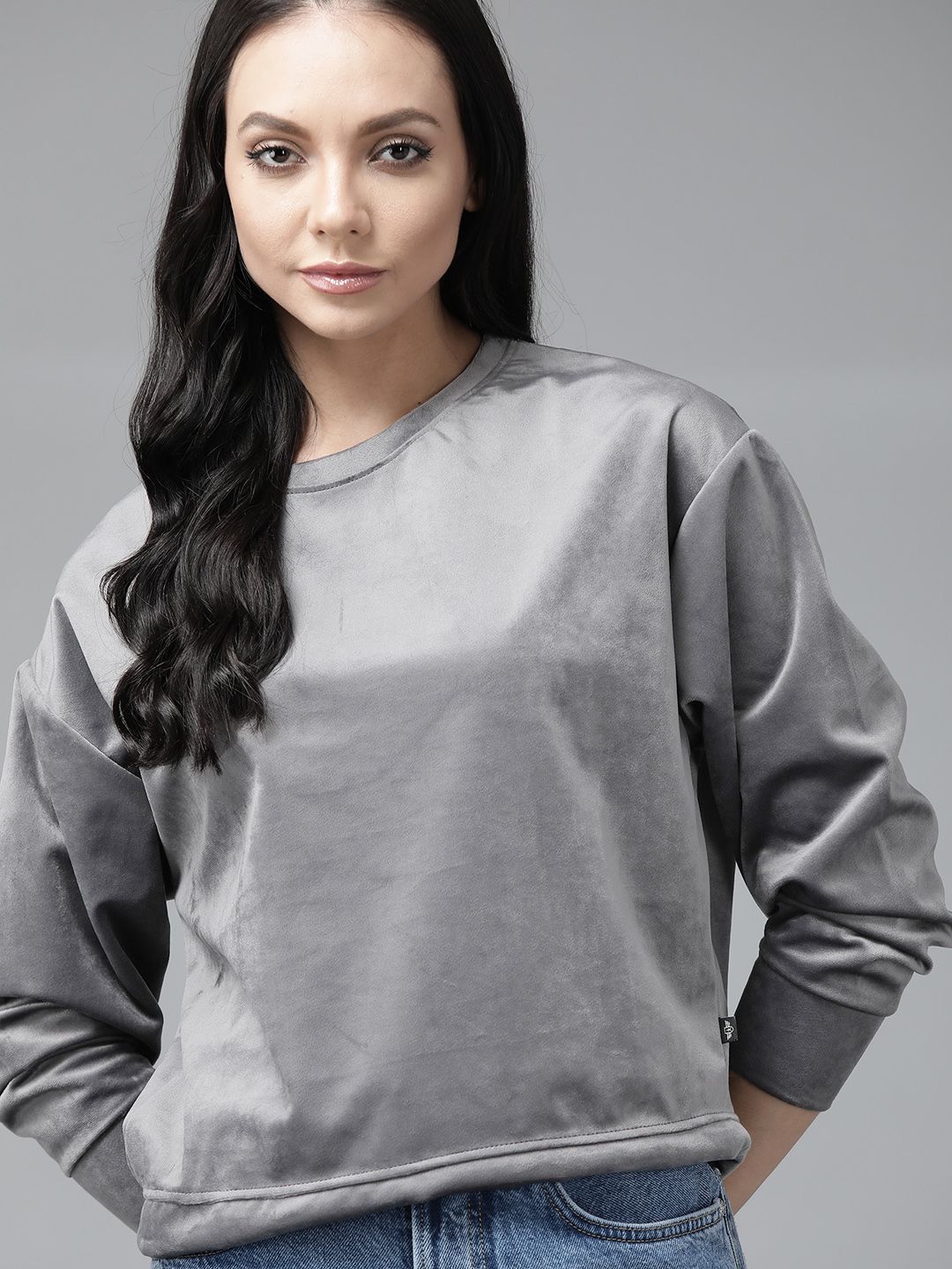 Roadster Women Grey Velour Sweatshirt Price in India