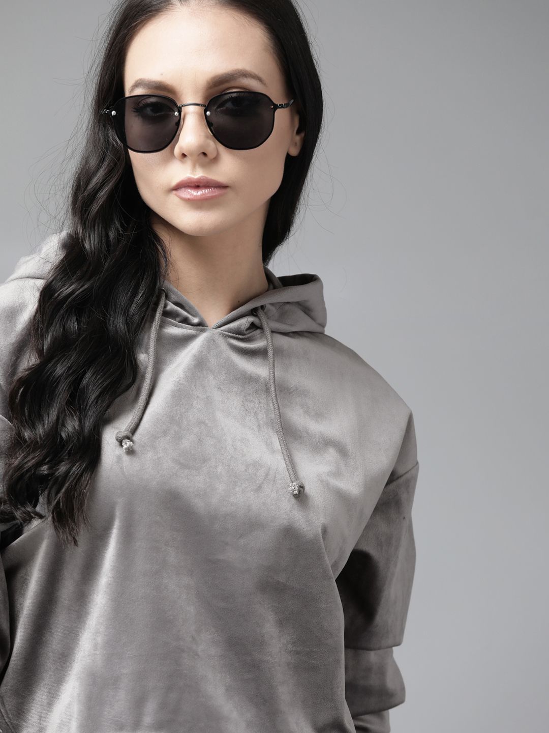 Roadster Women Grey Solid Velour Hooded Sweatshirt Price in India