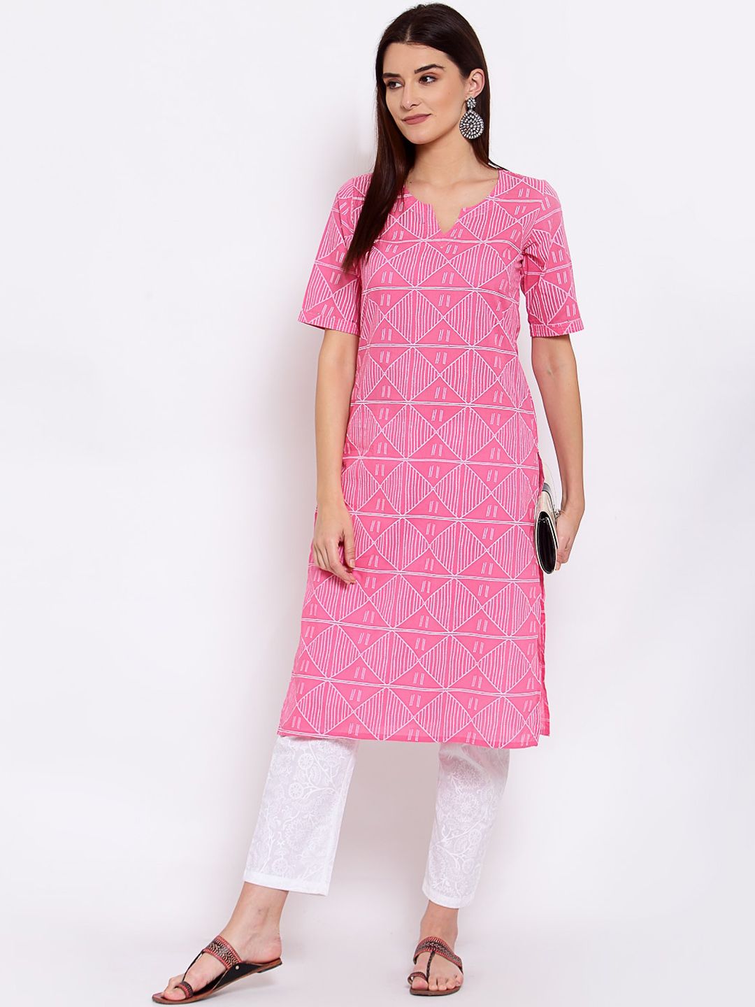 Yuris Women Pink & White Geometric Printed Kurta Price in India