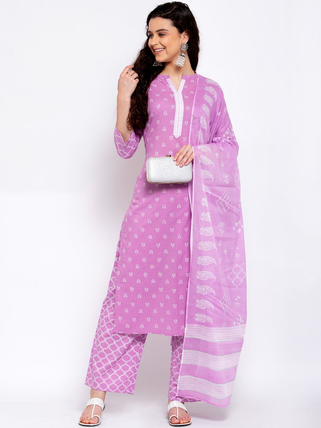 Yuris Women Purple Ethnic Motifs Printed Regular Pure Cotton Kurta with Palazzos & With Dupatta Price in India