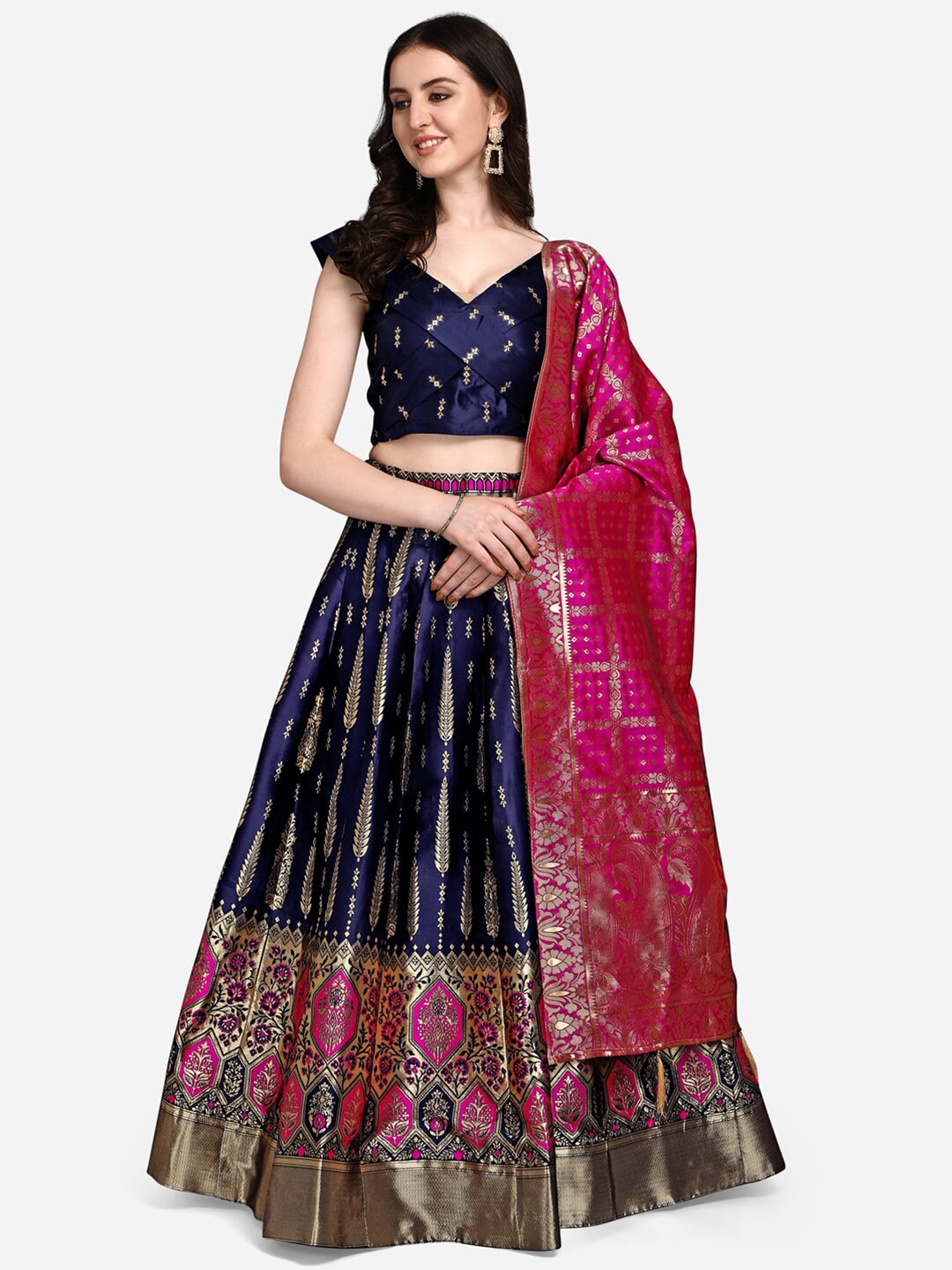 PURVAJA Navy Blue & Pink Ready to Wear Lehenga & Blouse With Dupatta Price in India
