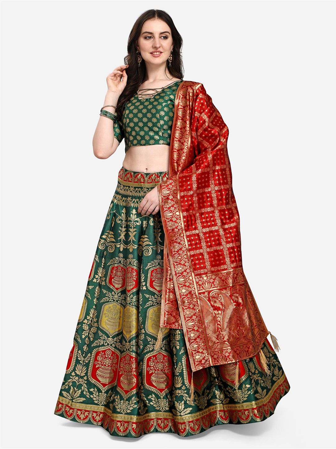 PURVAJA Green & Maroon Ready to Wear Lehenga & Unstitched Blouse With Dupatta Price in India