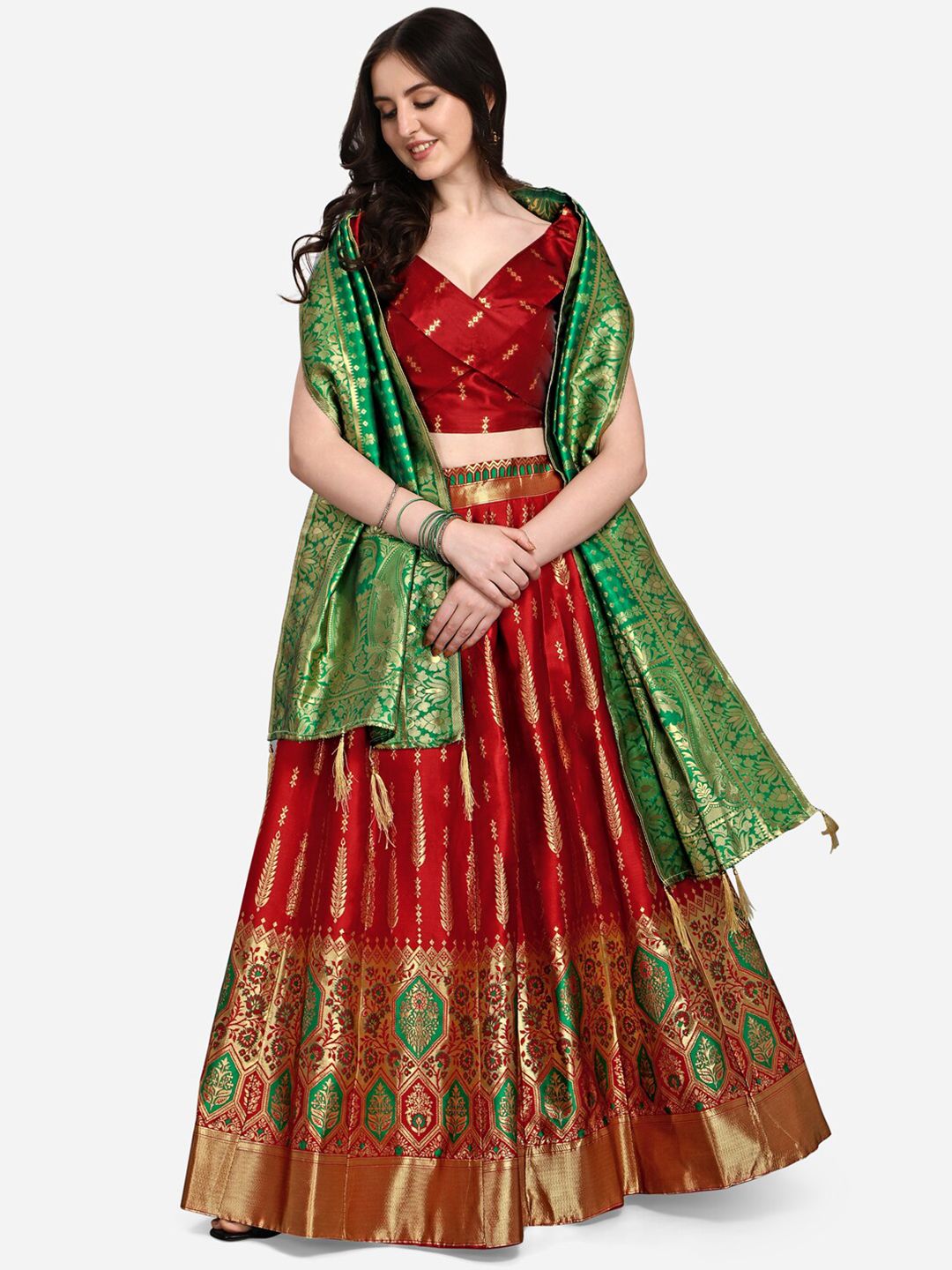 PURVAJA Red & Green Ready to Wear Lehenga & Blouse With Dupatta Price in India