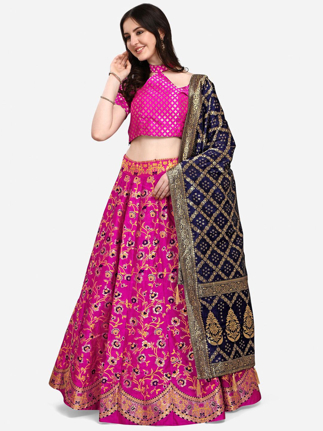 PURVAJA Pink & Navy Blue Ready to Wear Lehenga & Unstitched Blouse With Dupatta Price in India