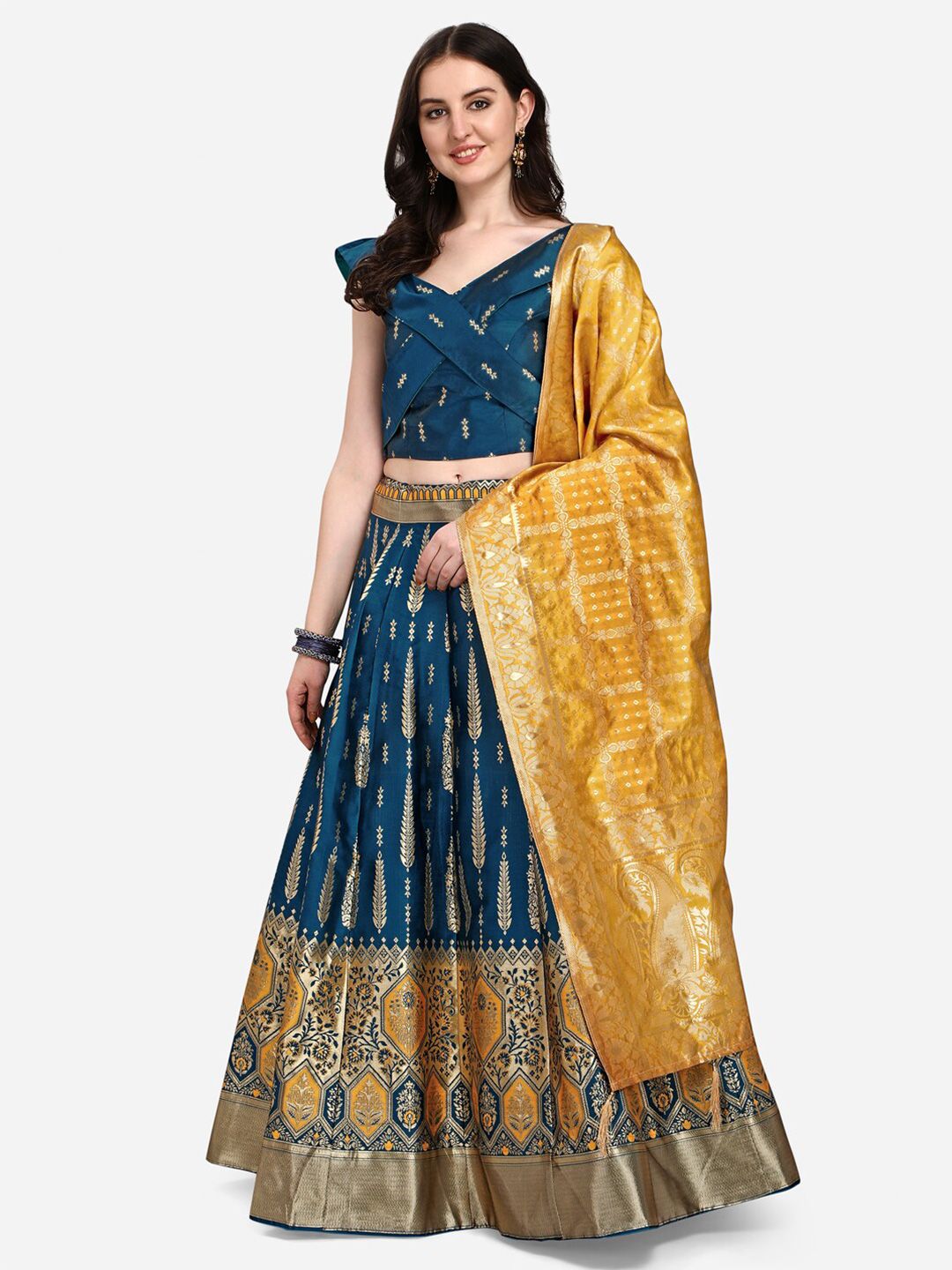 PURVAJA Teal & Mustard Ready to Wear Lehenga & Unstitched Blouse With Dupatta Price in India