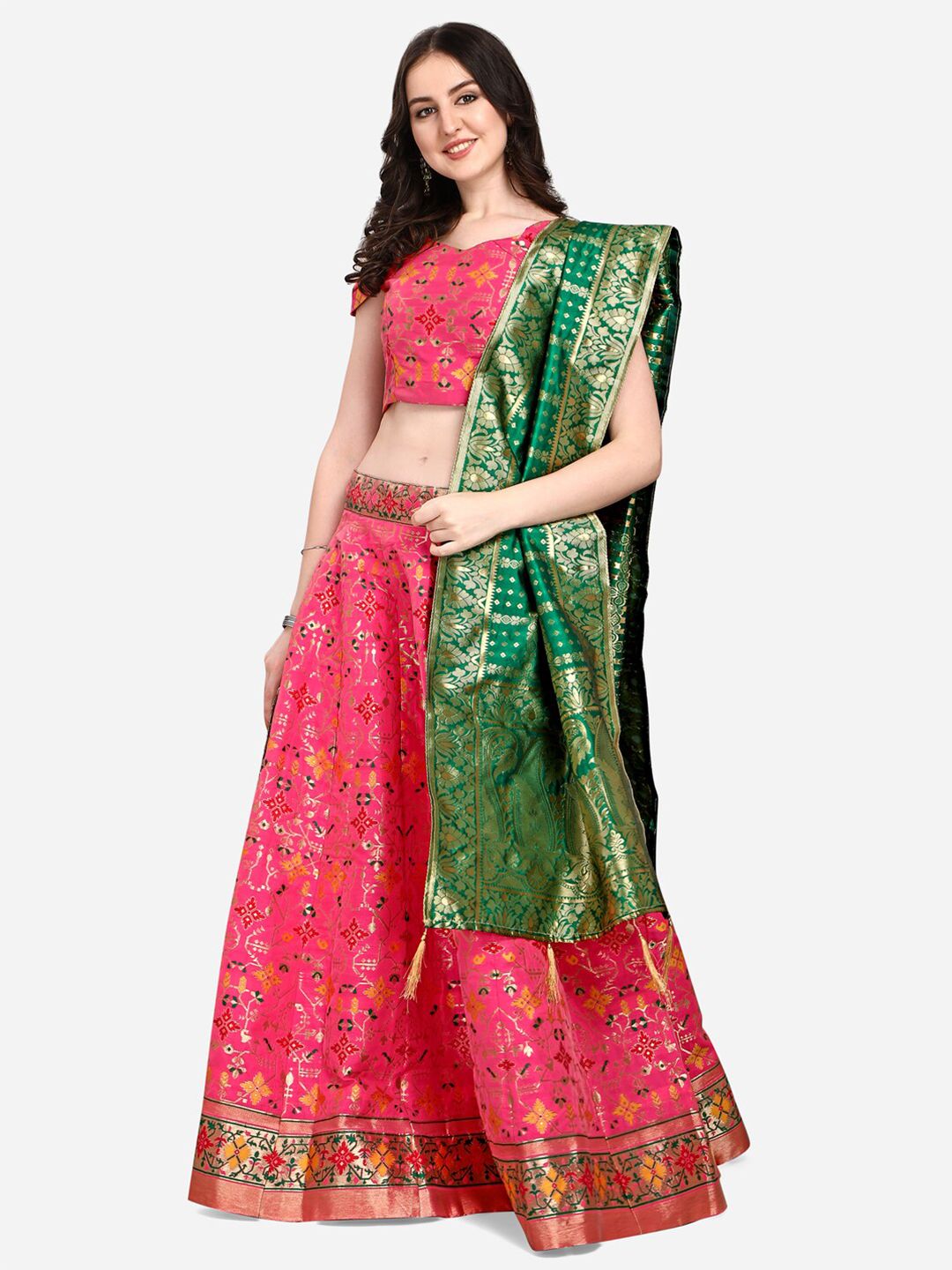 PURVAJA Pink & Green Ready to Wear Lehenga Choli Price in India