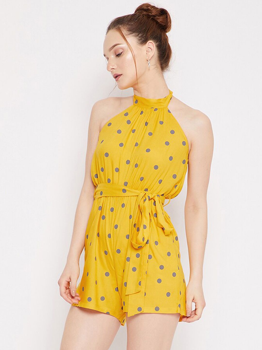 Berrylush Woman Yellow & Grey Polka Halter Neck Printed Jumpsuit Price in India