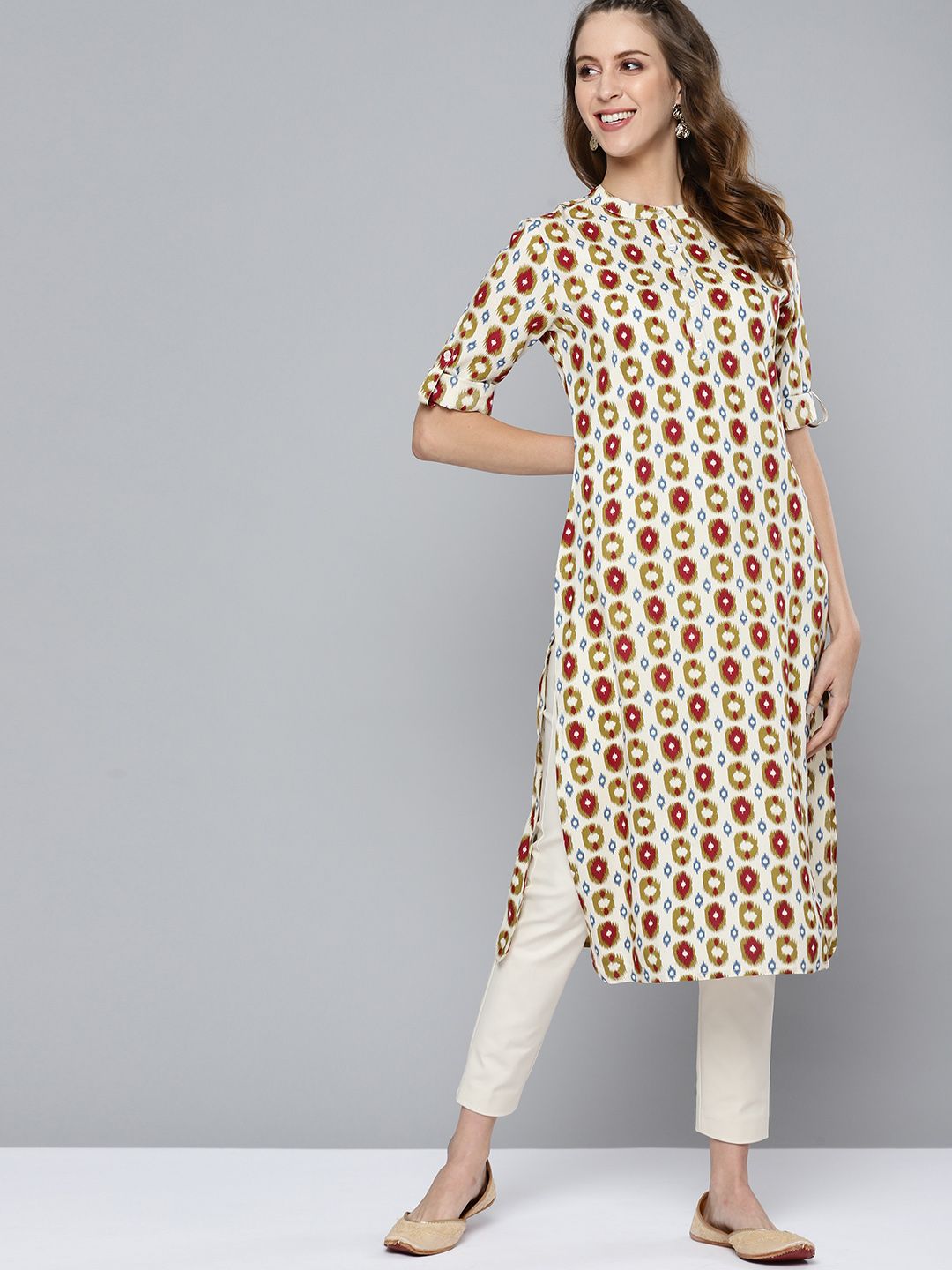 HERE&NOW Women Beige & Maroon Ethnic Motifs Printed Straight Kurta