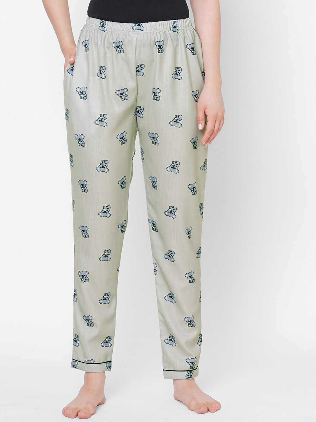 FashionRack Women Olive Green & Grey Koala Bear Print Lounge Pants Price in India