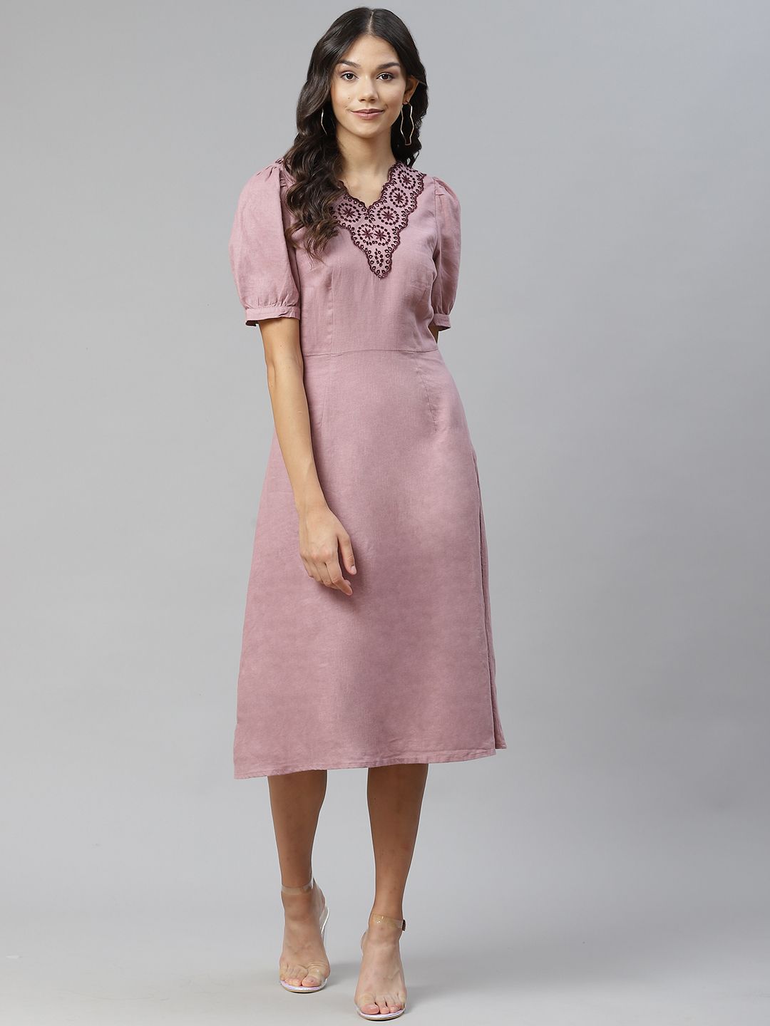 Marks & Spencer Mauve Linen Blend A-Line Midi Dress Price in India