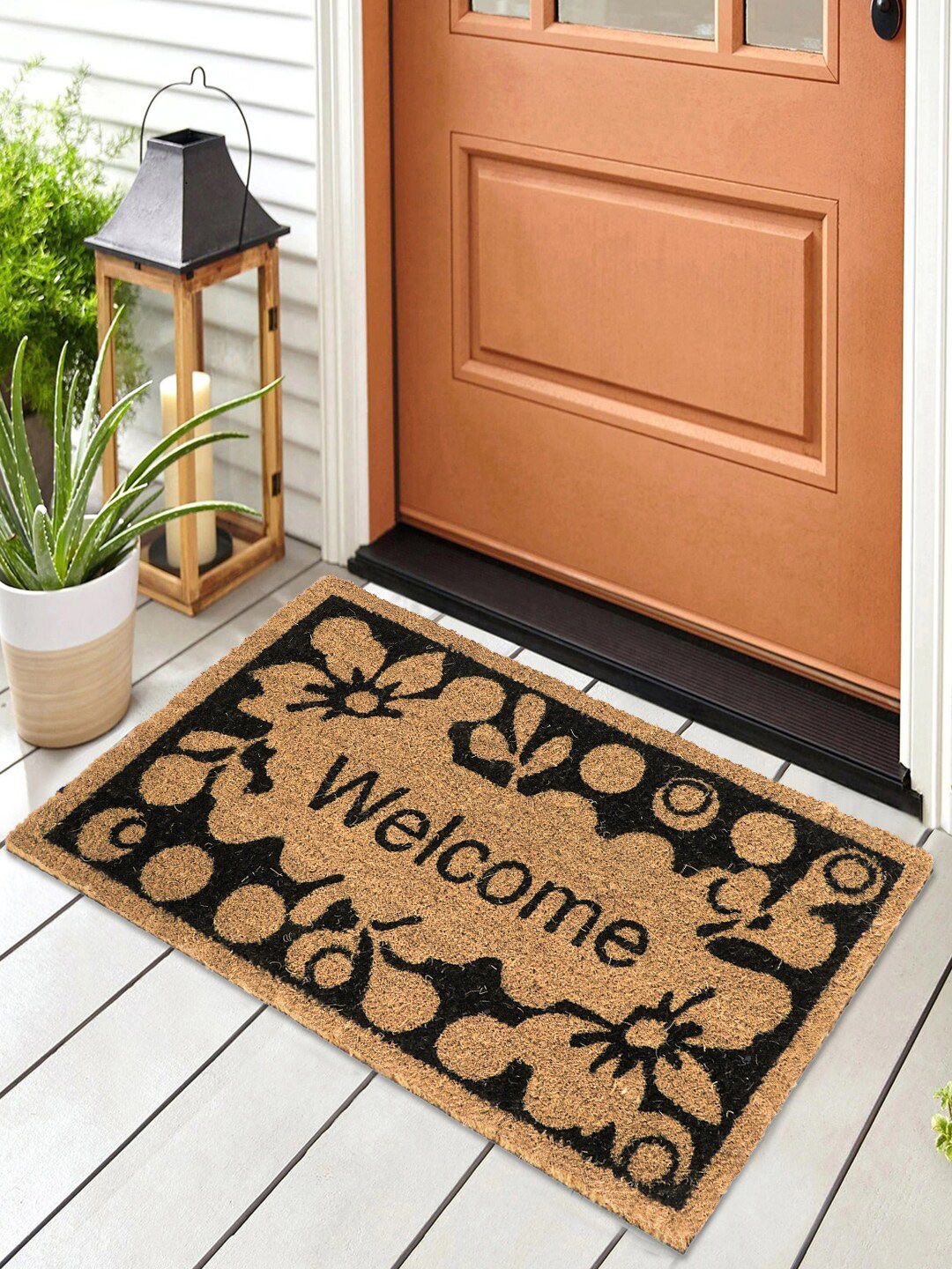 HomeStorie Beige & Black Printed Anti-Skid Rectangular Doormat Price in India