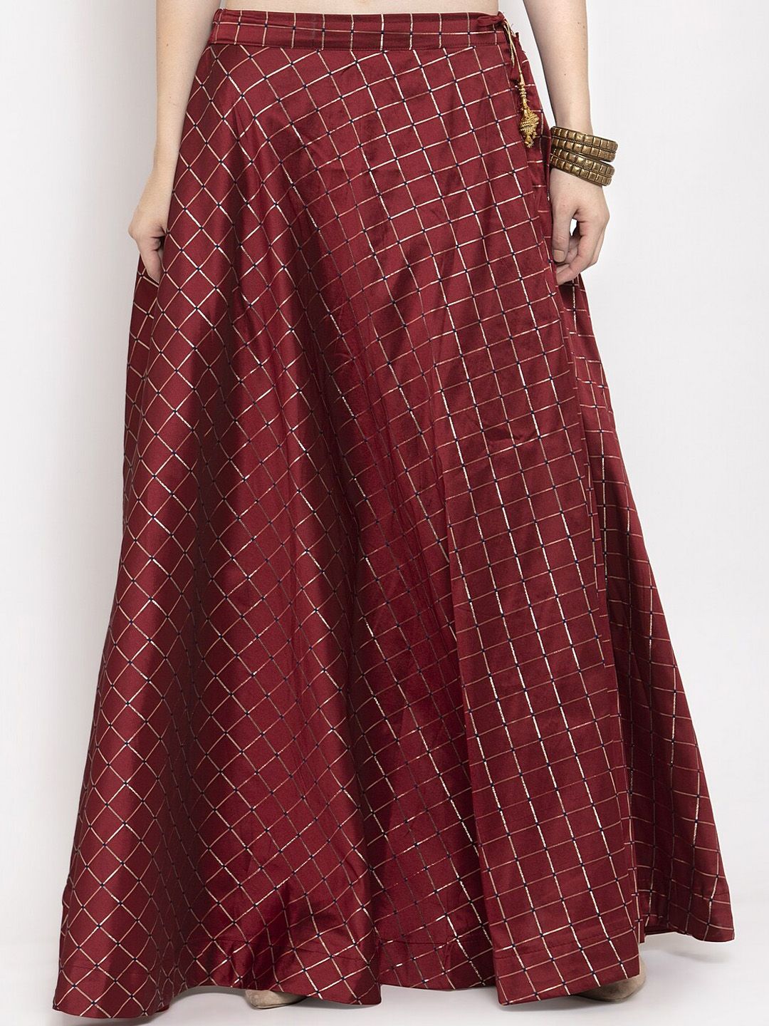 Clora Creation Women Maroon & Gold-Coloured Checked Flared Maxi Skirt