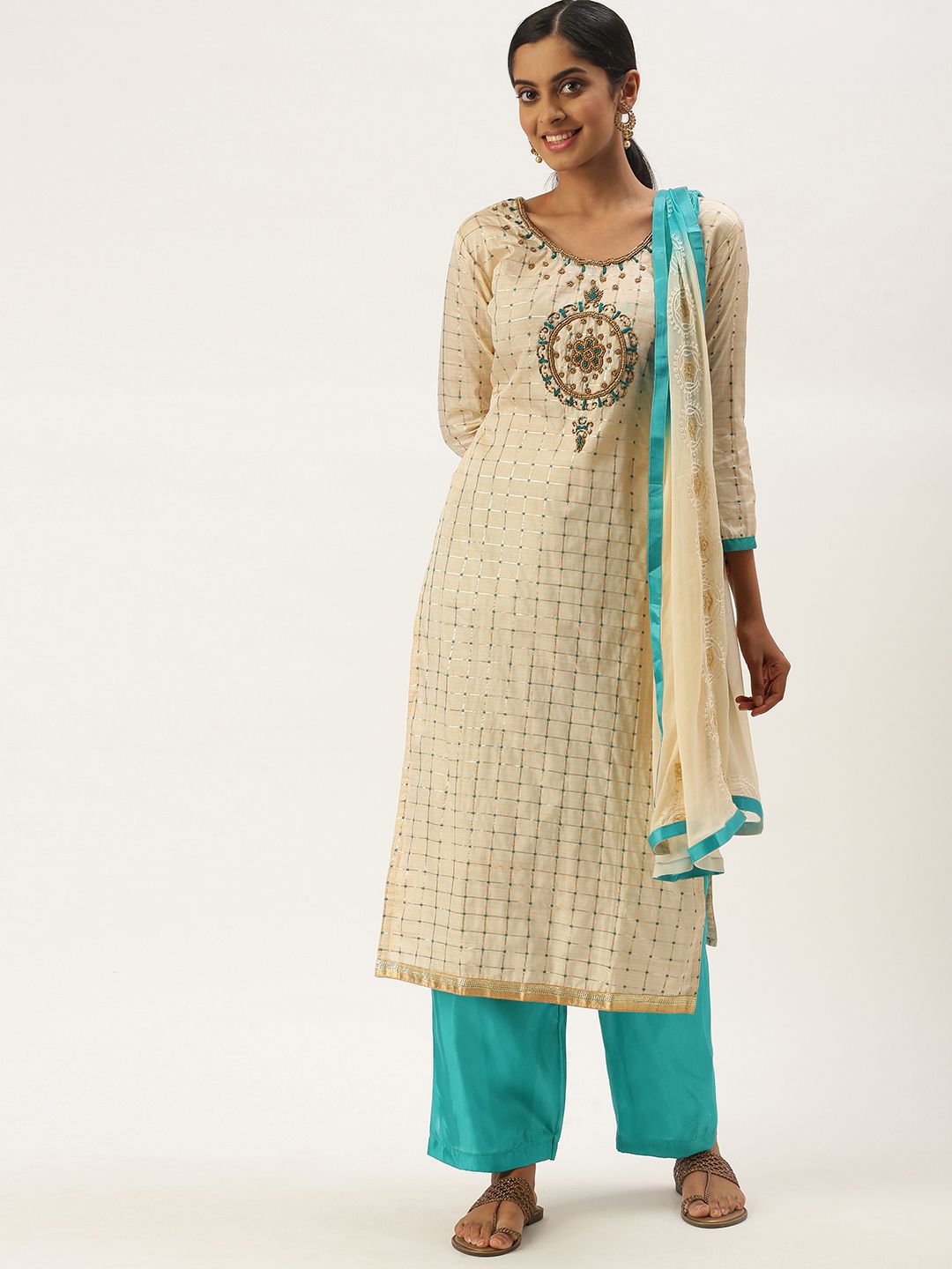 LADUSAA Off White & Blue Embroidered Unstitched Dress Material Price in India