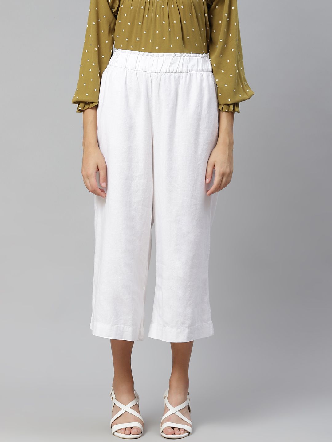 Marks & Spencer Women White Solid Linen Blend Cropped Parallel Trousers Price in India