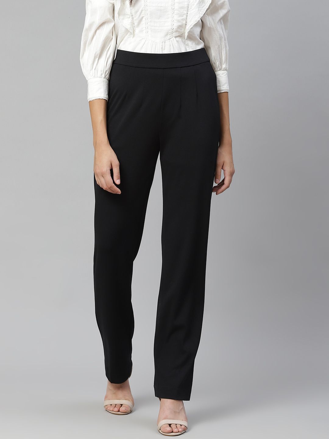 Marks & Spencer Women Black Solid Straight Fit High-Rise Parallel Trousers Price in India
