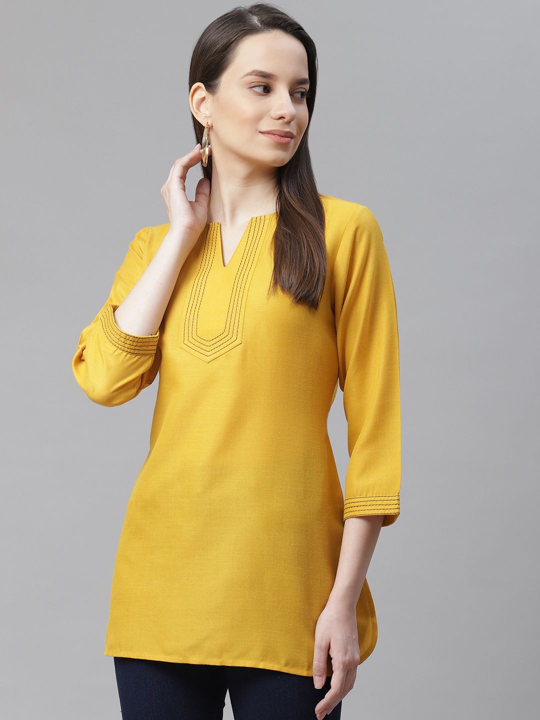 Cottinfab Mustard Yellow V-Neck Pure Cotton A-Line Kurti Price in India