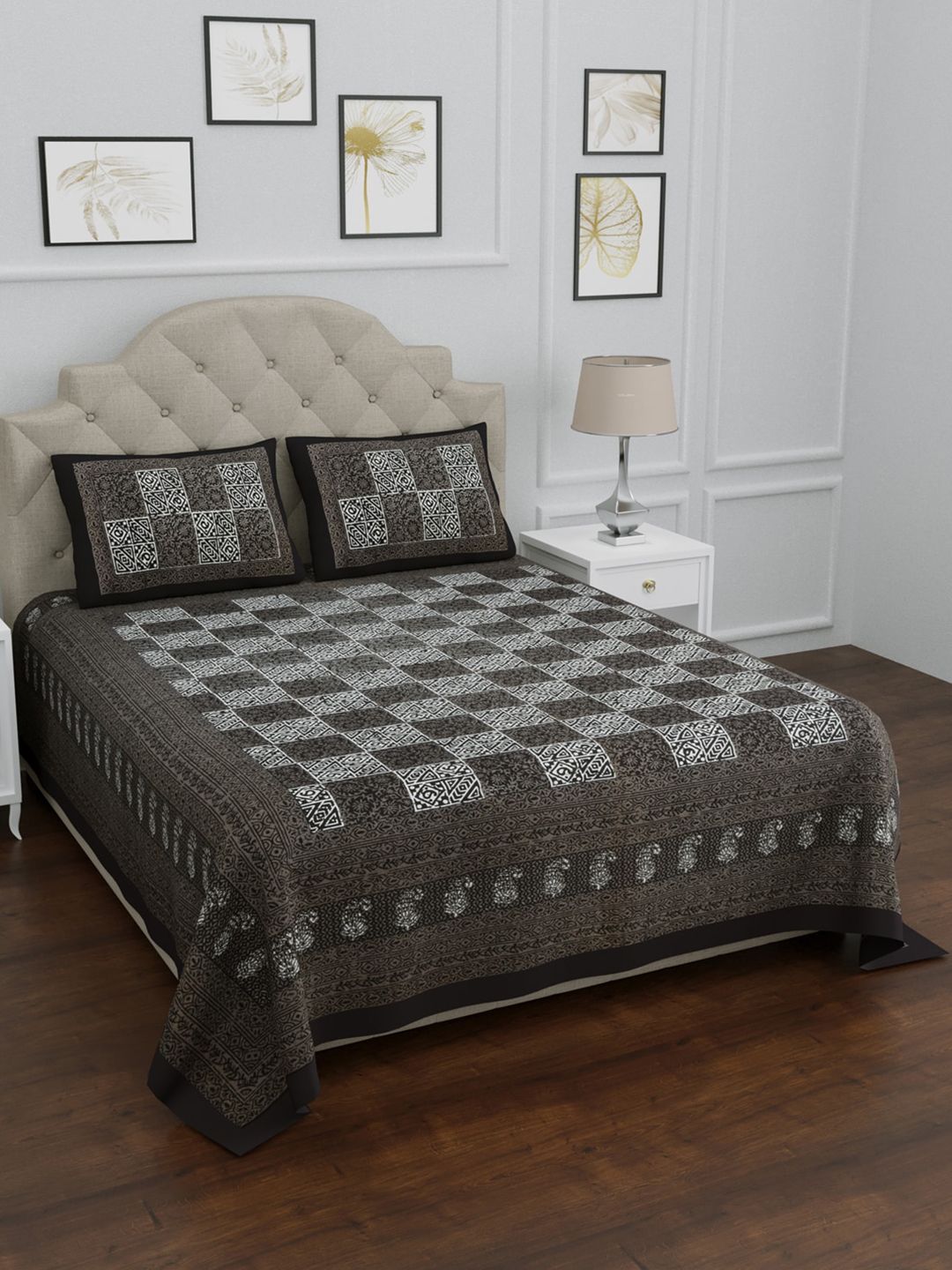LIVING ROOTS Grey & Charcoal Geometric 144 TC King Bedsheet with 2 Pillow Covers Price in India