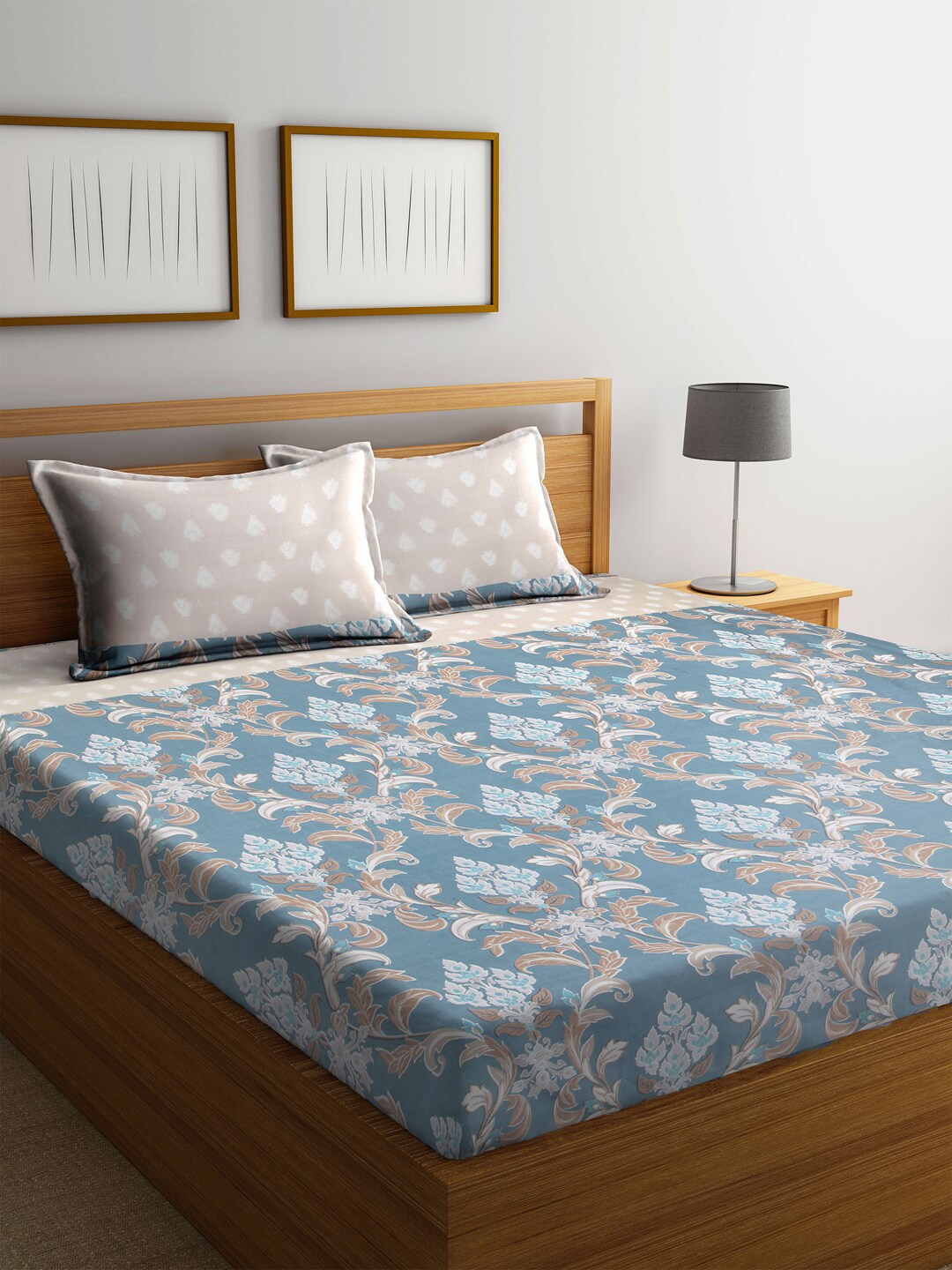 Arrabi Beige & Blue Floral 300 TC Super King Bedsheet With 2 Pillow Covers Price in India