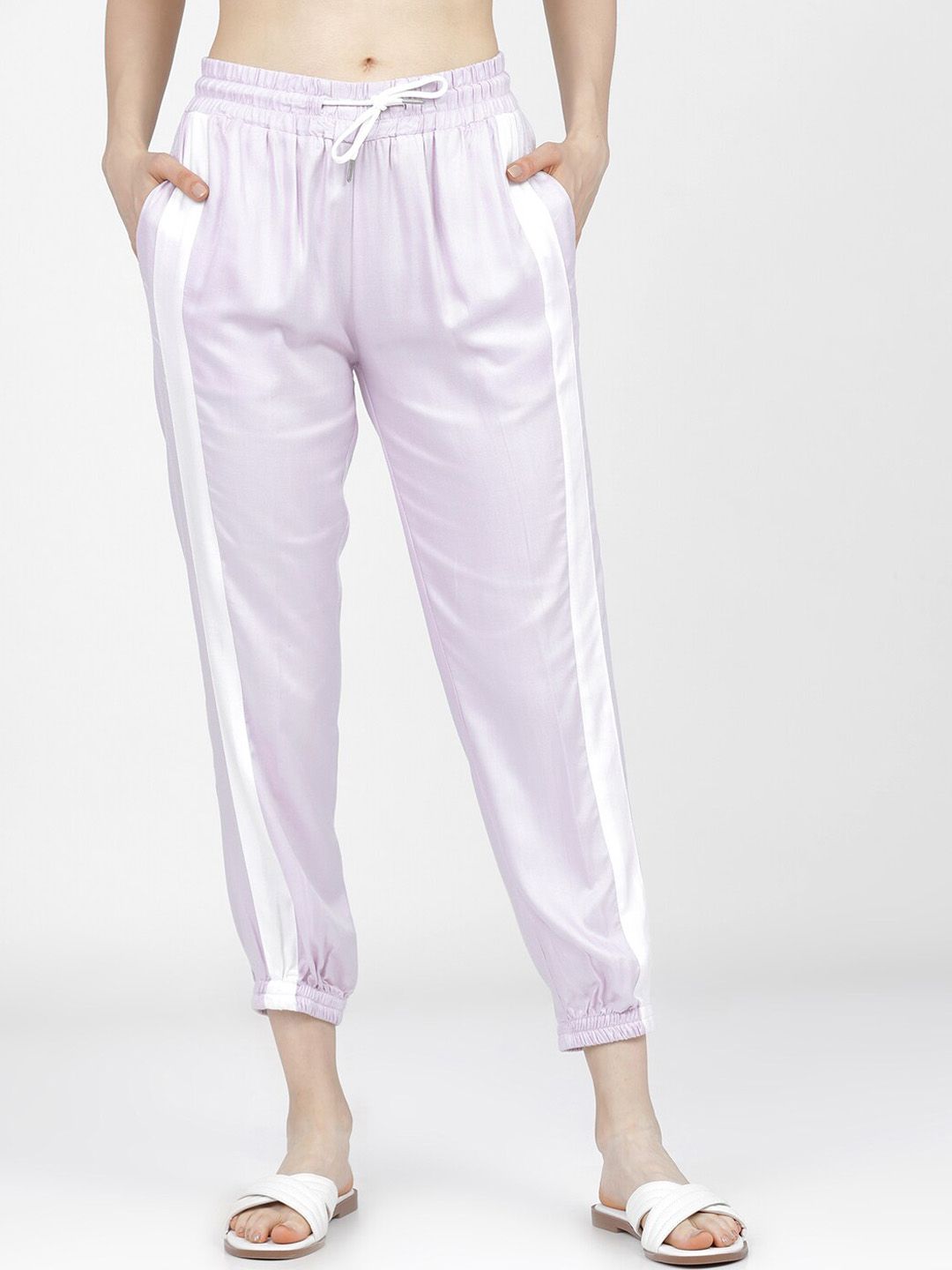 Tokyo Talkies Women Purple & White Side Striped Joggers Trousers Price in India