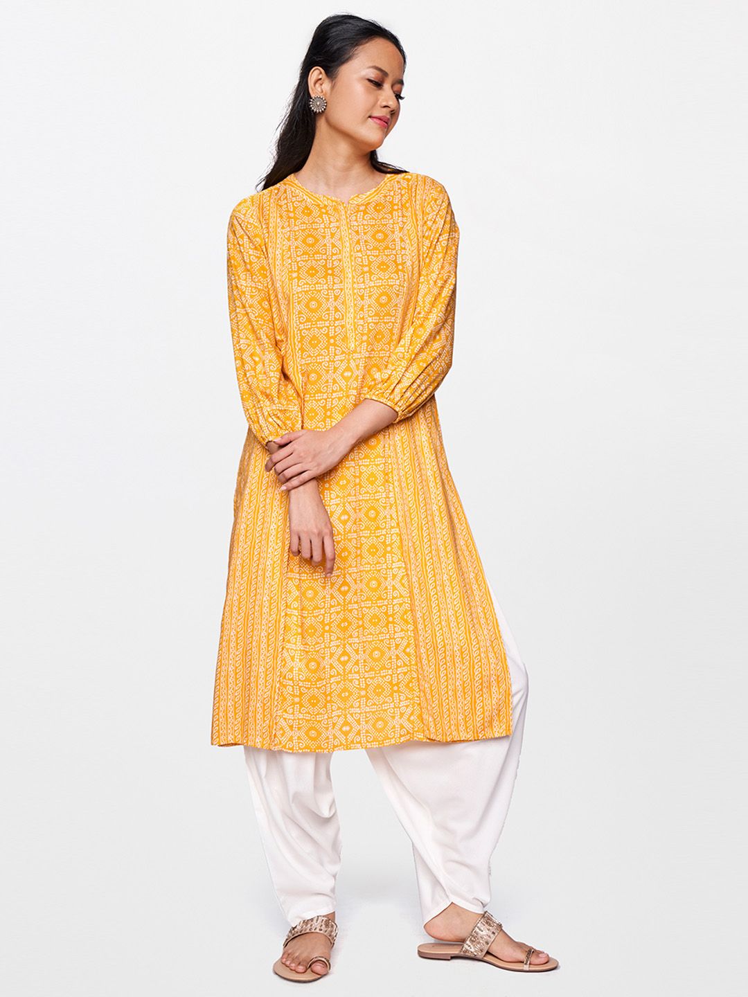 Global Desi Women Mustard Yellow & White Ethnic Motifs Printed Puff Sleeves Kurta Price in India