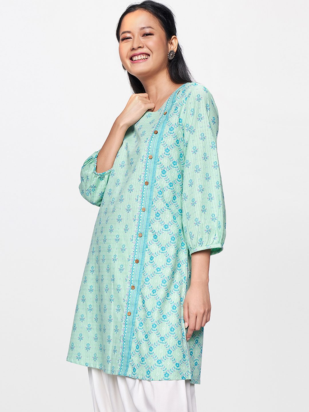 Global Desi Turquoise Blue Printed Tunic with Button Detailing Price in India