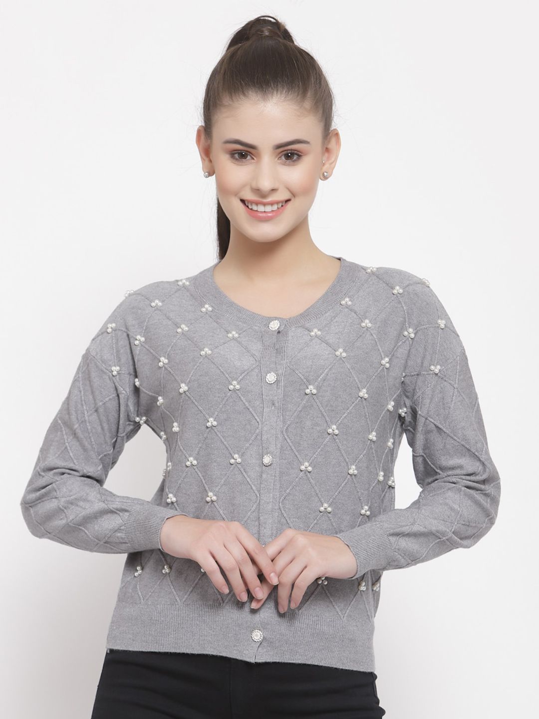Mafadeny Women Grey & White Checked Embroidered Cardigan With Button Detailing Price in India