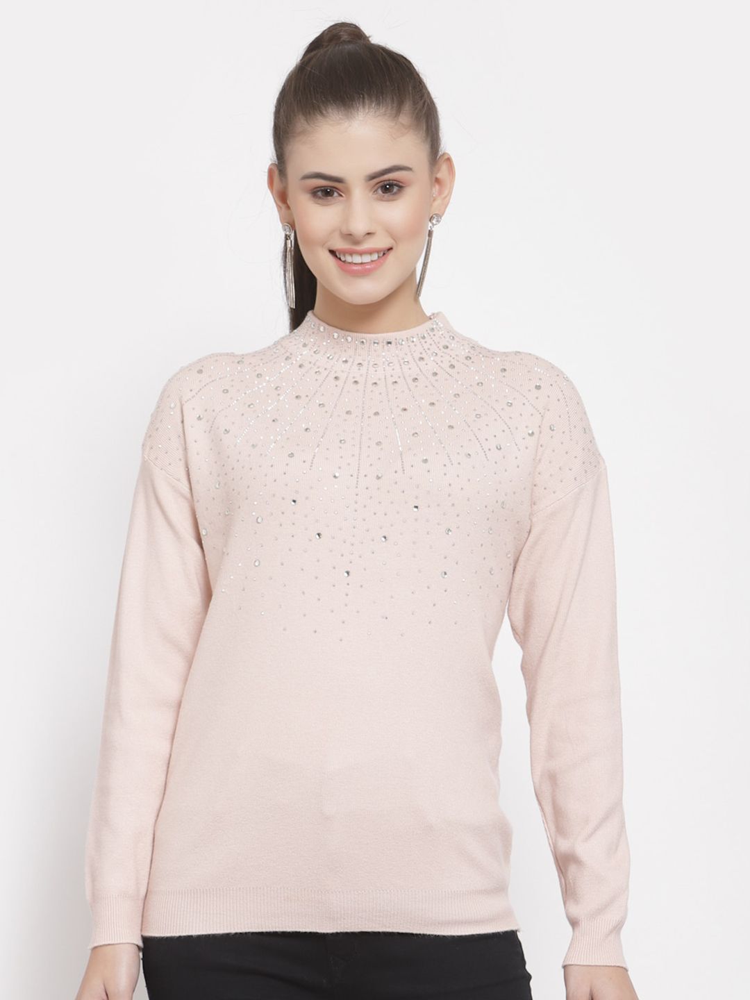 Mafadeny Women Pink & Silver-Toned Embellished Pullover Price in India