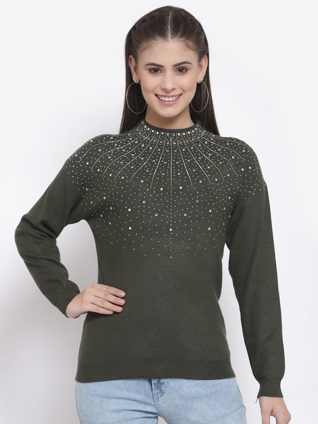Mafadeny Women Green & Silver-Toned Embellished Pullover Price in India