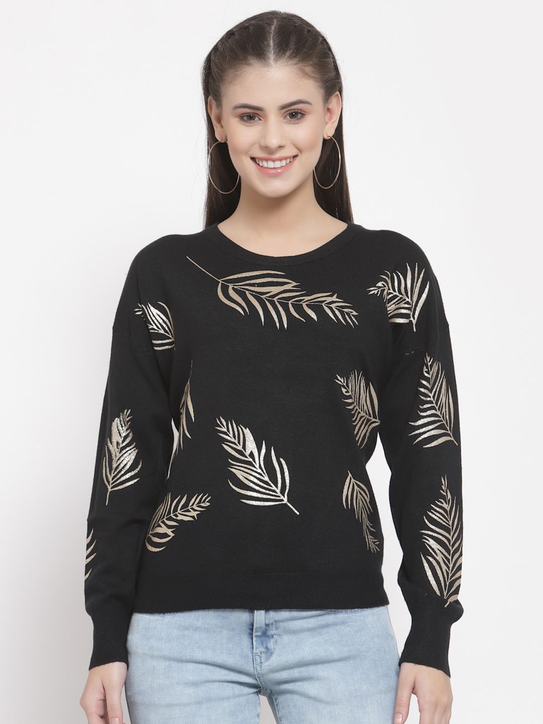 Mafadeny Women Black & Gold Printed Casual Pullover Price in India