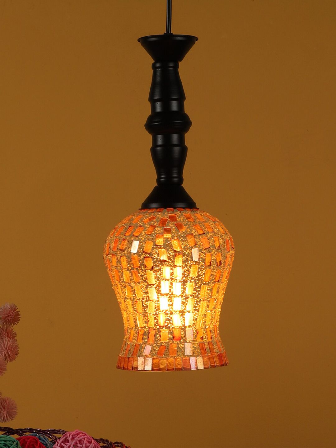 MFD HOME FURNISHING Gold-Toned & Black Glass Quirky Hanging Lamp Price in India