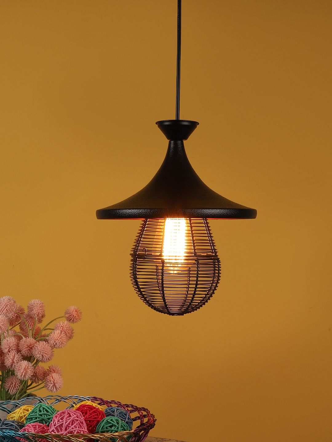 MFD HOME FURNISHING Black & Gold-Toned Iron Contemporary Hanging Light Price in India