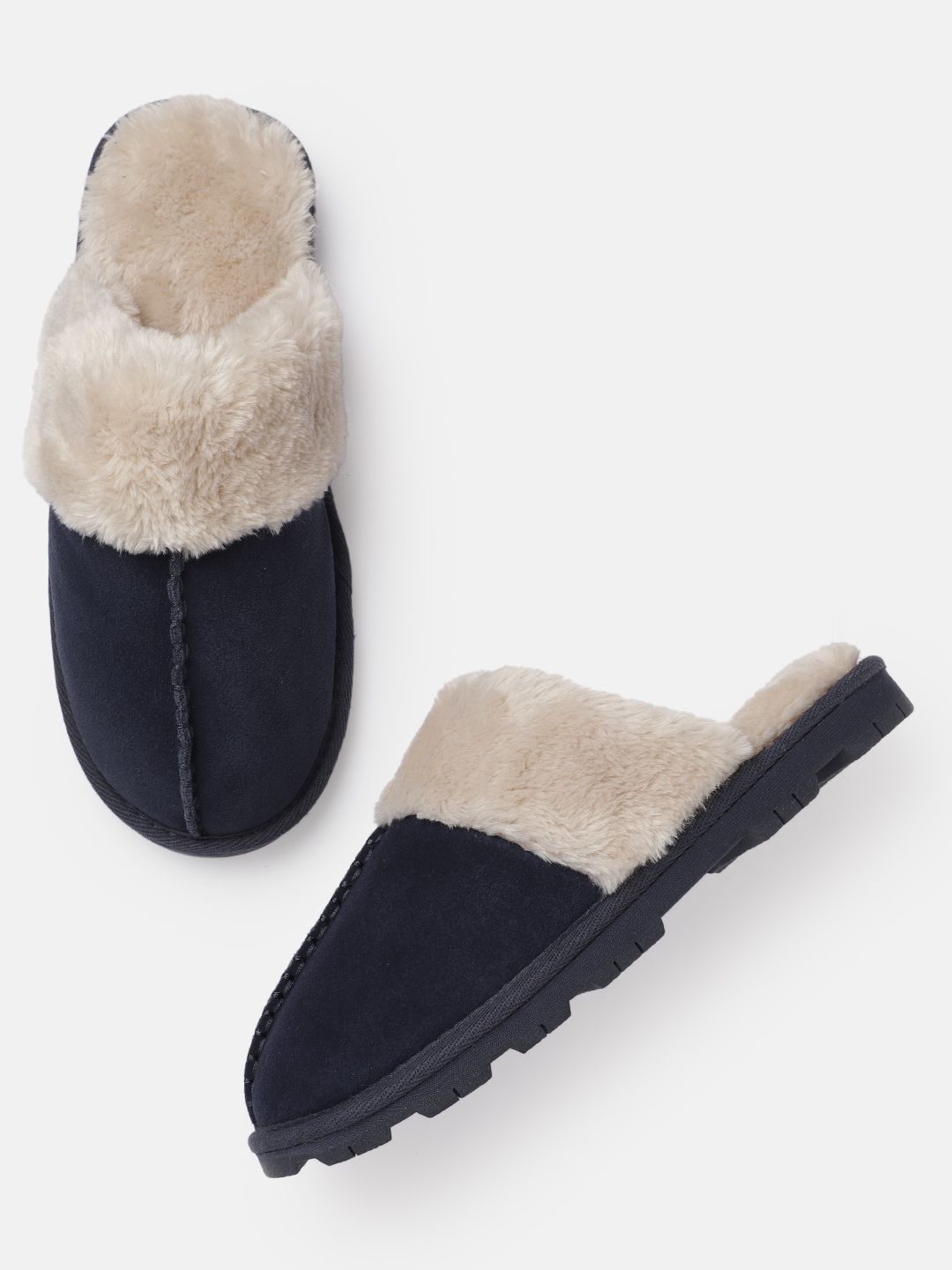 Marks & Spencer Women Navy Blue & Off-White Faux Fur Suede Room Slippers Price in India