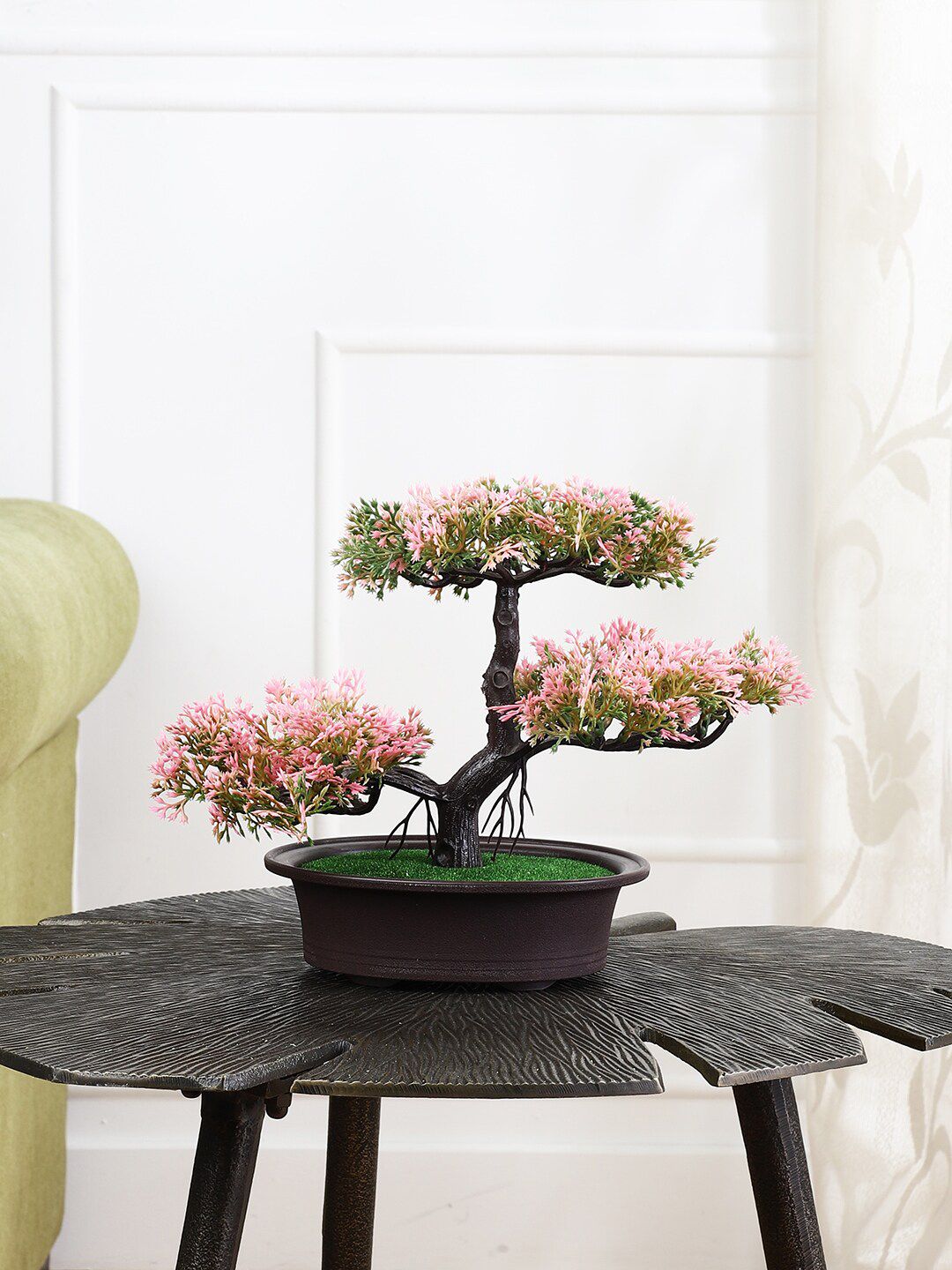 FOLIYAJ Pink & Green Artificial Artificial 3 Head Bonsai Tree With Pot Price in India