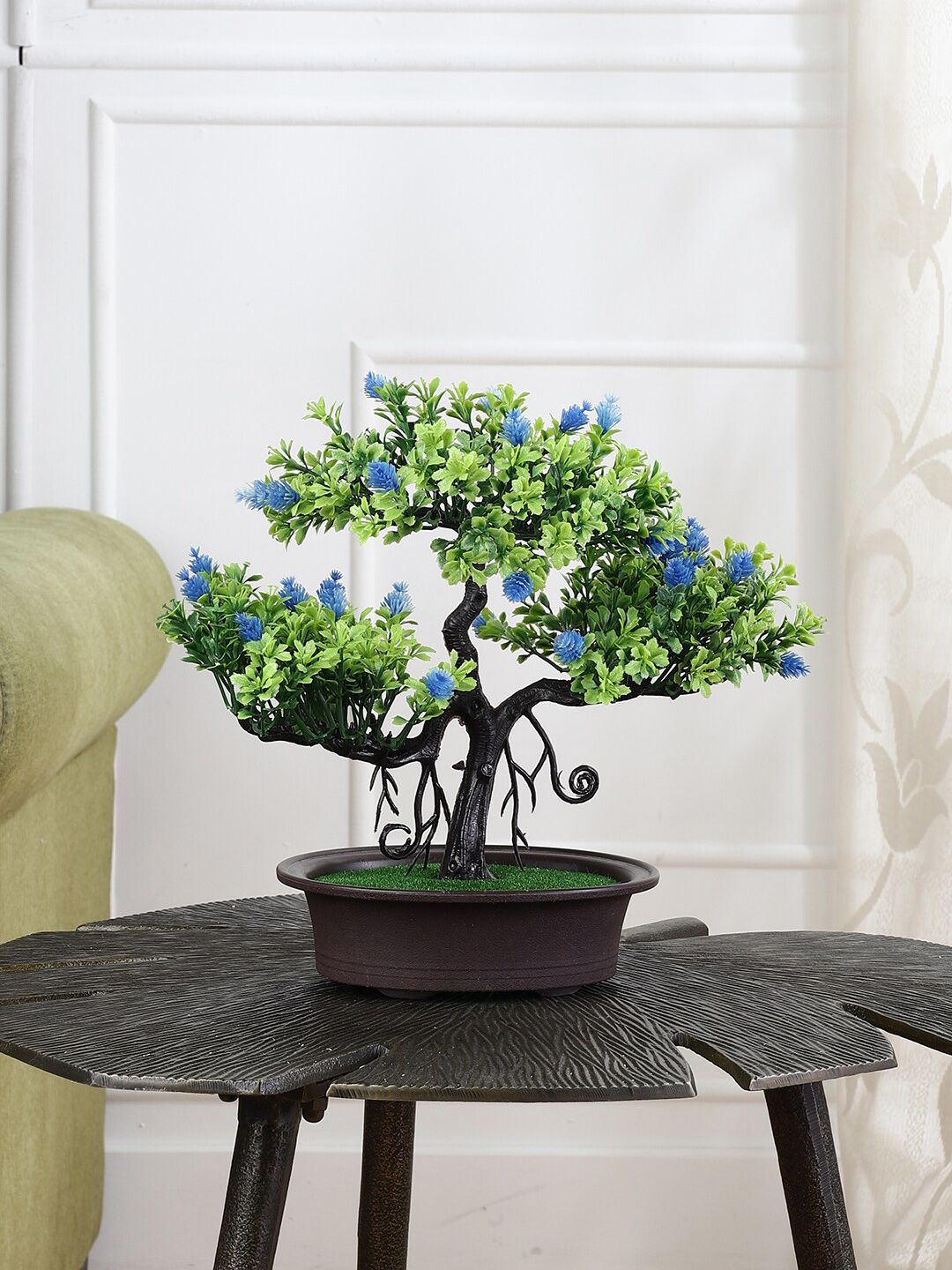 FOLIYAJ Green & Brown Artificial 3 Head Tree With Leaves & Flowers With Pot Price in India