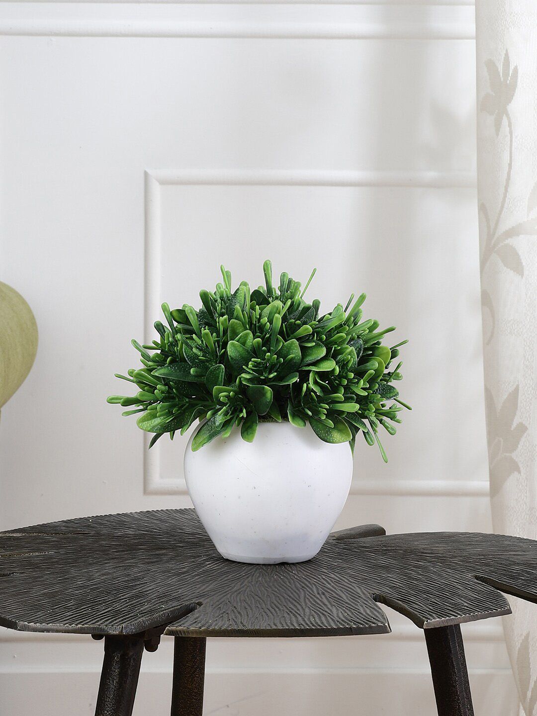 FOLIYAJ Green Oar Shaped Leaves Artificial Plant With White Pot Price in India