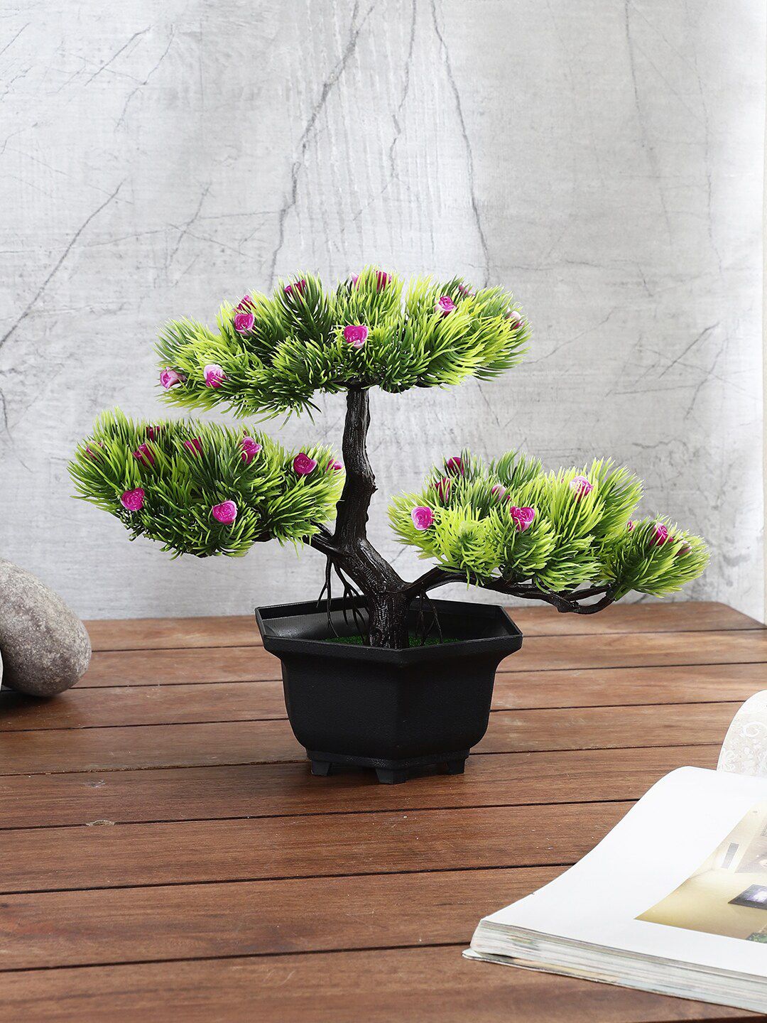 FOLIYAJ Green & Purple Artificial 3 Head Bonsai Tree With Pot Price in India
