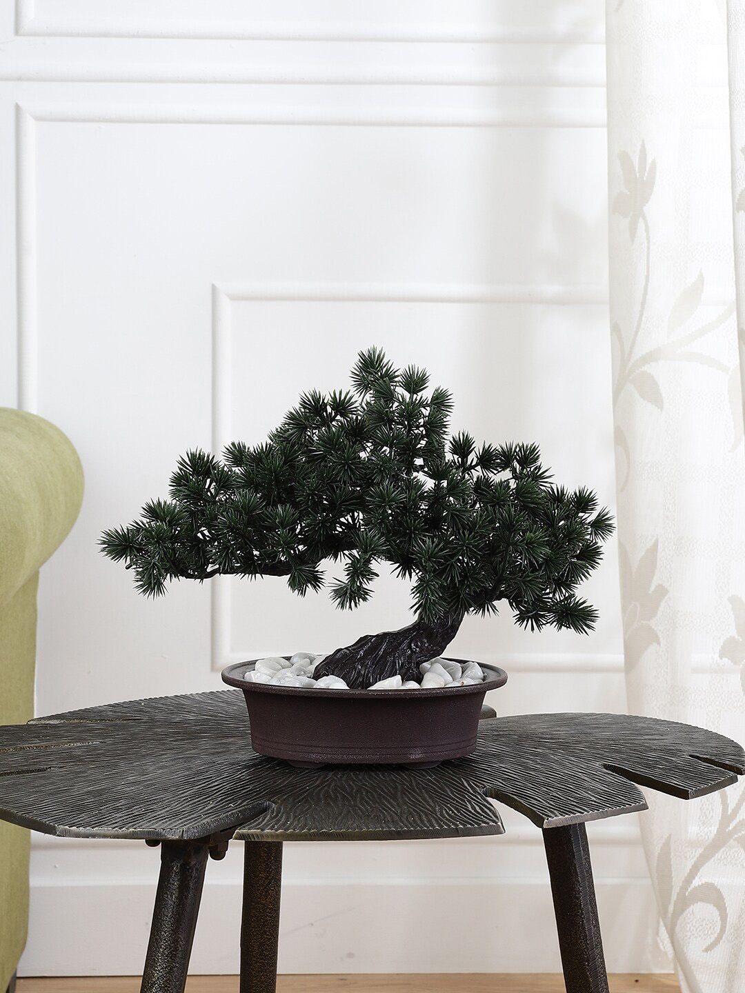 FOLIYAJ Green & Black Artificial Bent Bonsai Tree With Pine Leaves With Pot Price in India