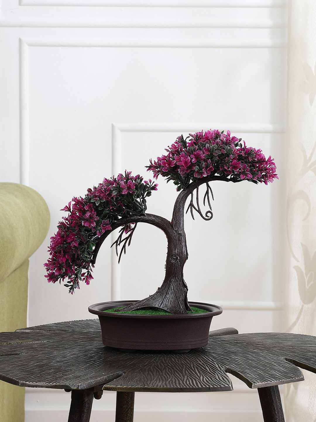 FOLIYAJ Magenta Pink & Brown Artificial Shoe Horn Shaped Bonsai Tree With Leaves & Pot Price in India