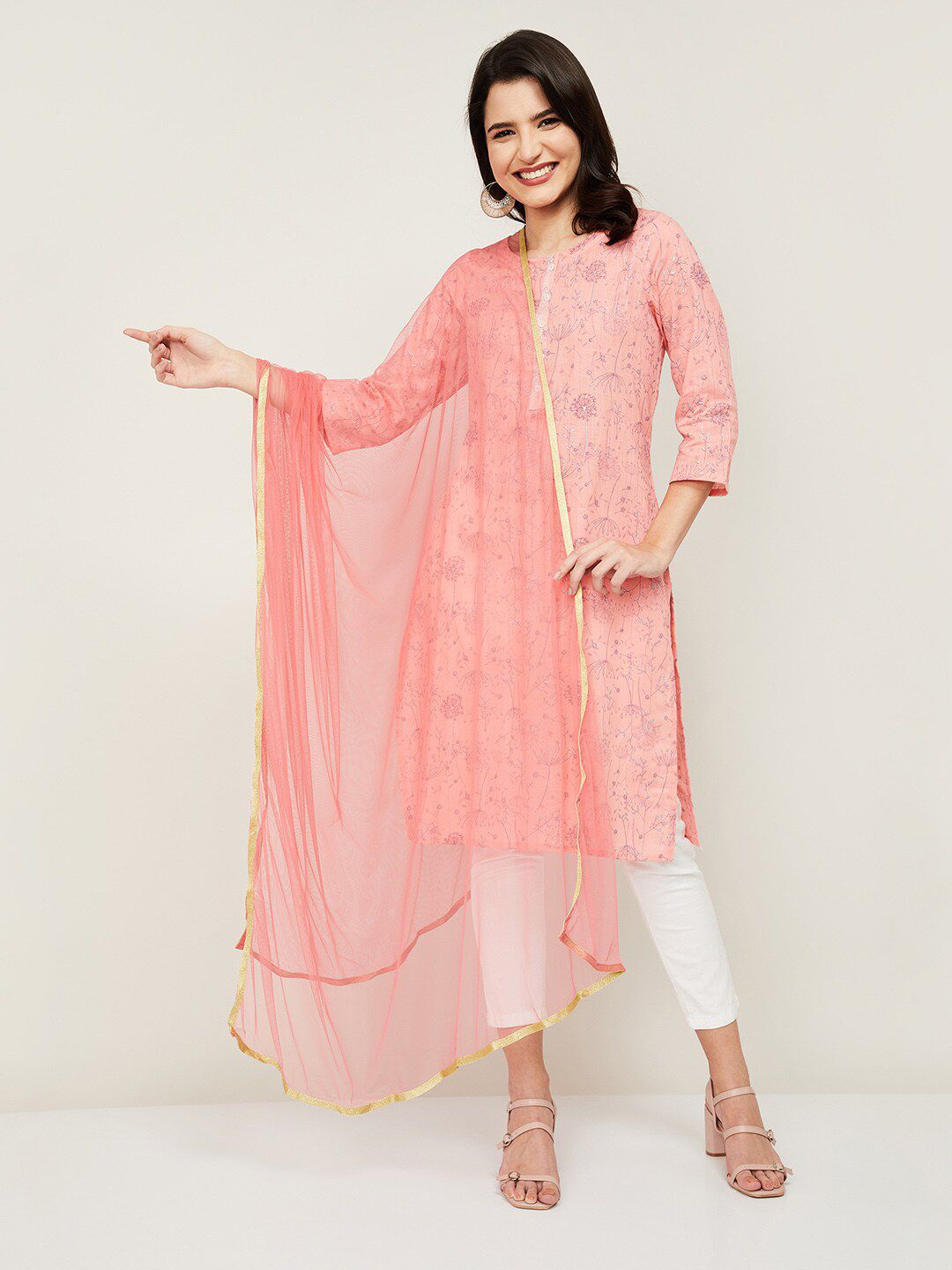 Melange by Lifestyle Coral Pink & Gold-Toned Dupatta Price in India