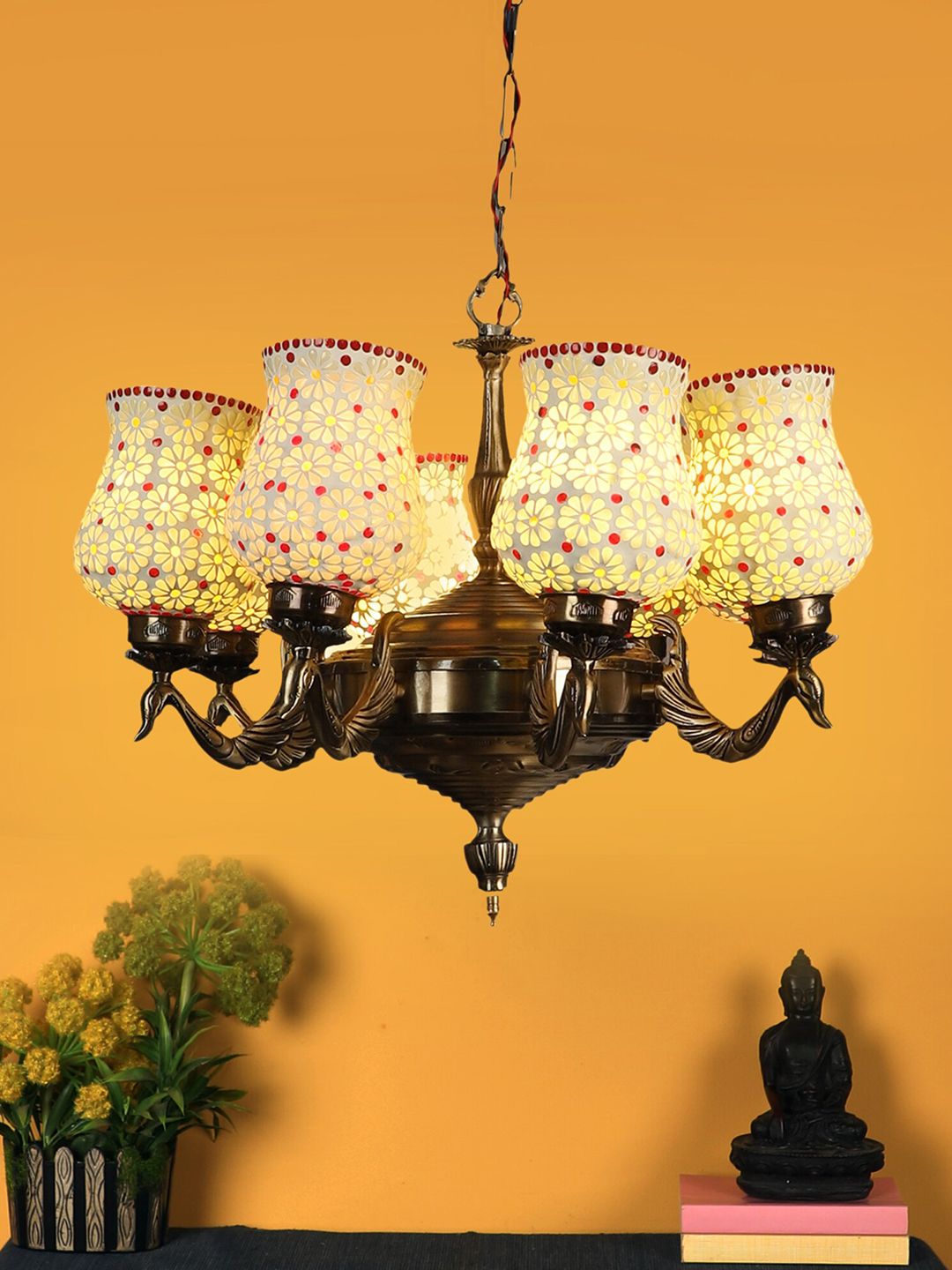 MFD HOME FURNISHING Gold-Toned & Off White Aluminium Traditional Cluster Light Price in India