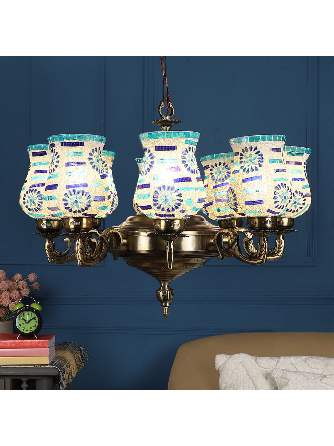 MFD HOME FURNISHING Gold-Toned & Blue Aluminium Traditional Cluster Light Price in India