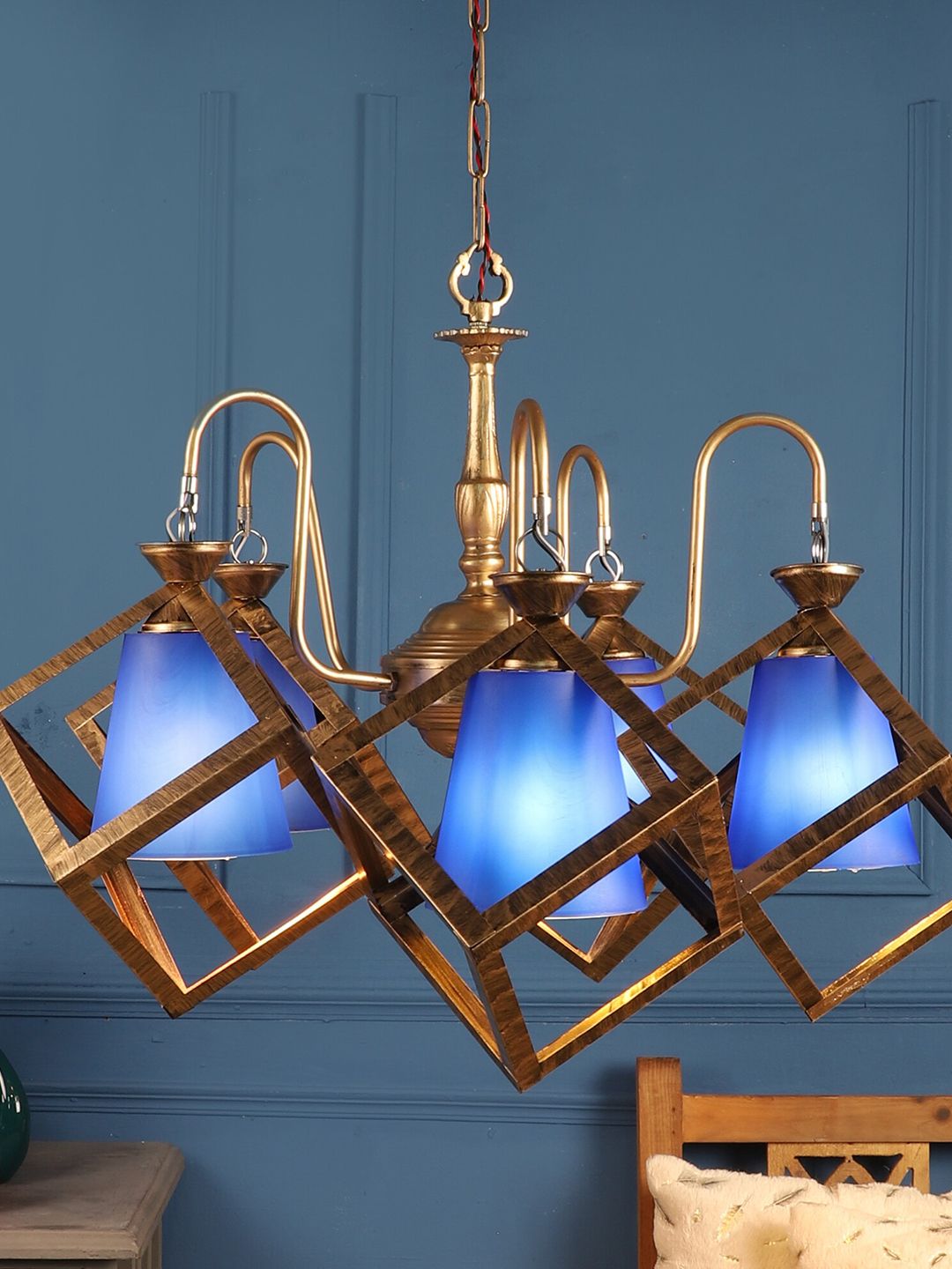 MFD HOME FURNISHING Gold-Toned & Blue Aluminium Traditional Chandelier Price in India